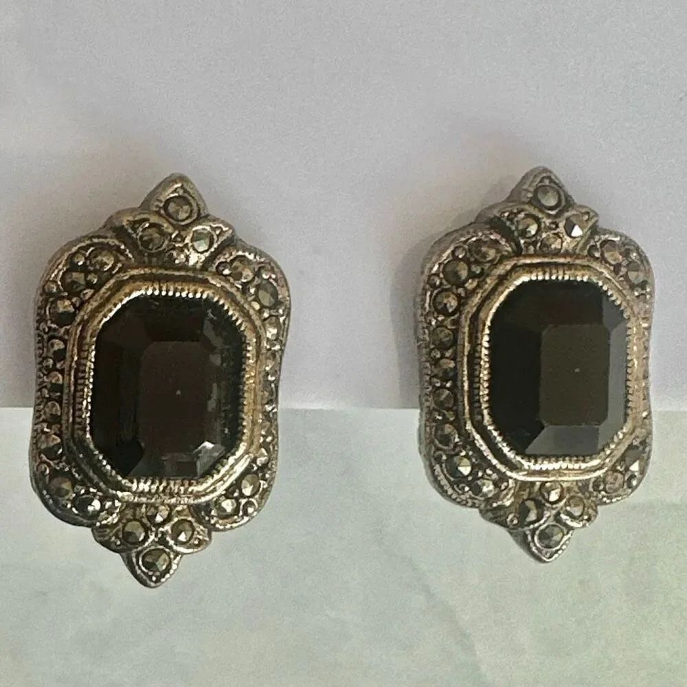 1928 Silver-Tone Marcasite & Black Glass Clip-On Earrings
